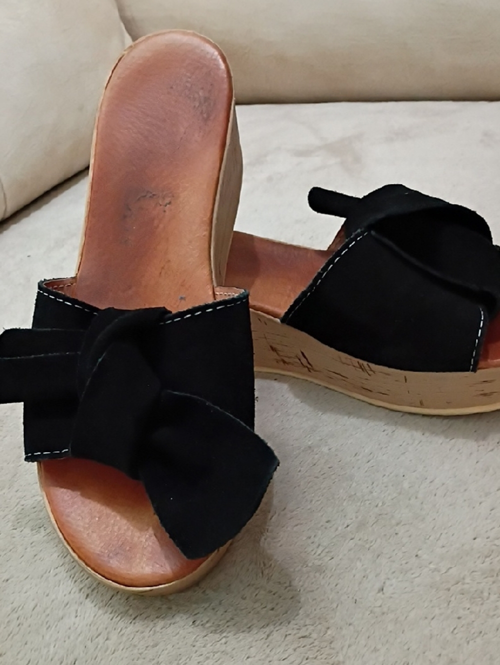 Black Bow Cork Wedge Slide Sandals - Women